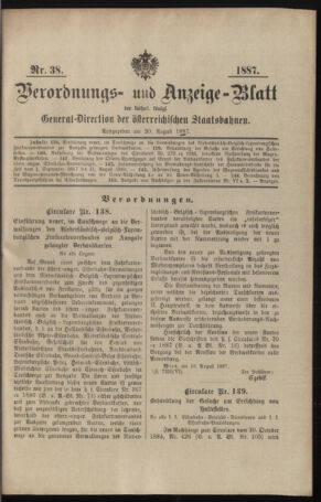 Verordnungs- und Anzeige-Blatt der k.k. General-Direction der österr. Staatsbahnen 18870820 Seite: 1