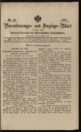 Verordnungs- und Anzeige-Blatt der k.k. General-Direction der österr. Staatsbahnen 18870827 Seite: 1