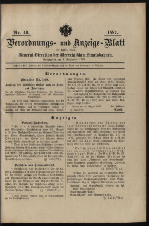 Verordnungs- und Anzeige-Blatt der k.k. General-Direction der österr. Staatsbahnen 18870902 Seite: 1