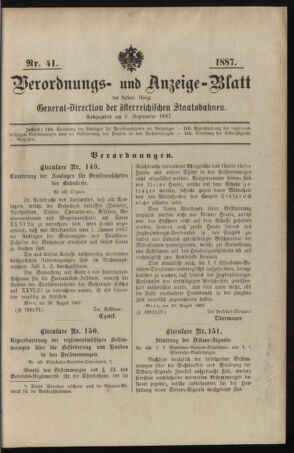 Verordnungs- und Anzeige-Blatt der k.k. General-Direction der österr. Staatsbahnen 18870908 Seite: 1