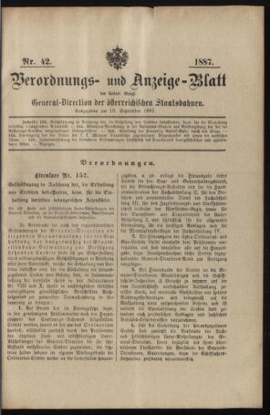 Verordnungs- und Anzeige-Blatt der k.k. General-Direction der österr. Staatsbahnen 18870919 Seite: 1