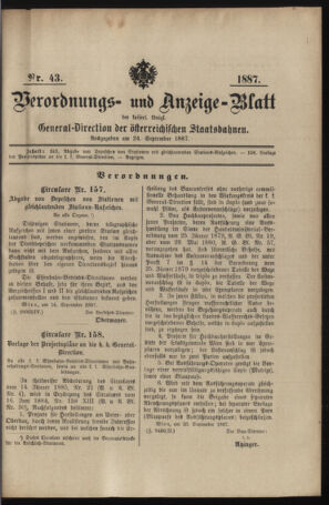 Verordnungs- und Anzeige-Blatt der k.k. General-Direction der österr. Staatsbahnen 18870924 Seite: 1