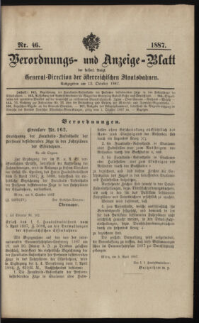 Verordnungs- und Anzeige-Blatt der k.k. General-Direction der österr. Staatsbahnen 18871013 Seite: 1