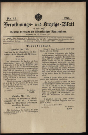 Verordnungs- und Anzeige-Blatt der k.k. General-Direction der österr. Staatsbahnen 18871020 Seite: 1