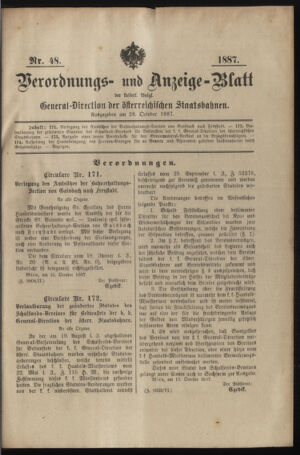 Verordnungs- und Anzeige-Blatt der k.k. General-Direction der österr. Staatsbahnen 18871028 Seite: 1