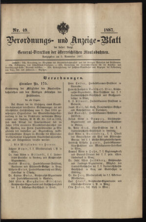 Verordnungs- und Anzeige-Blatt der k.k. General-Direction der österr. Staatsbahnen 18871105 Seite: 1