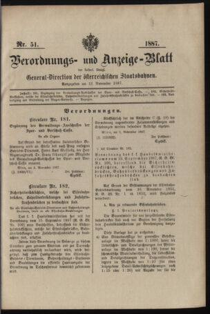 Verordnungs- und Anzeige-Blatt der k.k. General-Direction der österr. Staatsbahnen 18871112 Seite: 1