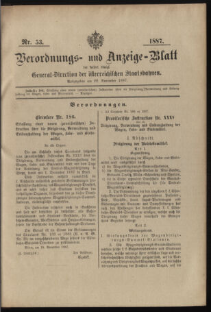 Verordnungs- und Anzeige-Blatt der k.k. General-Direction der österr. Staatsbahnen 18871122 Seite: 1