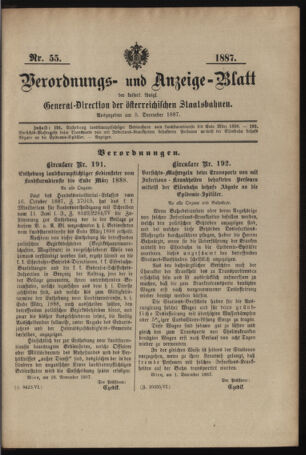 Verordnungs- und Anzeige-Blatt der k.k. General-Direction der österr. Staatsbahnen 18871205 Seite: 1