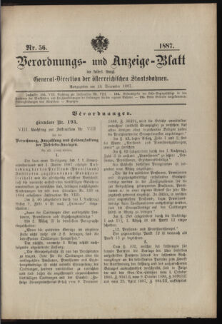 Verordnungs- und Anzeige-Blatt der k.k. General-Direction der österr. Staatsbahnen 18871213 Seite: 1