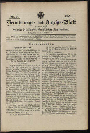 Verordnungs- und Anzeige-Blatt der k.k. General-Direction der österr. Staatsbahnen 18871216 Seite: 1