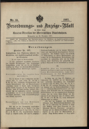 Verordnungs- und Anzeige-Blatt der k.k. General-Direction der österr. Staatsbahnen 18871224 Seite: 1