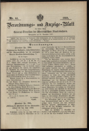 Verordnungs- und Anzeige-Blatt der k.k. General-Direction der österr. Staatsbahnen 18871231 Seite: 1