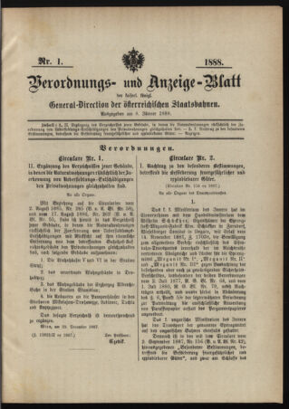 Verordnungs- und Anzeige-Blatt der k.k. General-Direction der österr. Staatsbahnen 18880108 Seite: 1