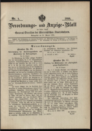 Verordnungs- und Anzeige-Blatt der k.k. General-Direction der österr. Staatsbahnen 18880121 Seite: 1