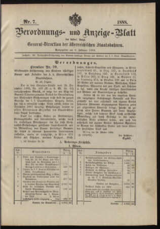 Verordnungs- und Anzeige-Blatt der k.k. General-Direction der österr. Staatsbahnen 18880206 Seite: 1