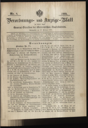 Verordnungs- und Anzeige-Blatt der k.k. General-Direction der österr. Staatsbahnen 18880218 Seite: 1