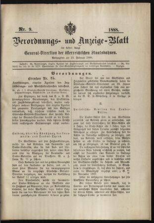 Verordnungs- und Anzeige-Blatt der k.k. General-Direction der österr. Staatsbahnen 18880225 Seite: 1