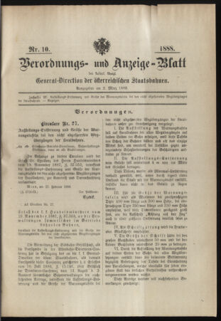 Verordnungs- und Anzeige-Blatt der k.k. General-Direction der österr. Staatsbahnen 18880302 Seite: 1