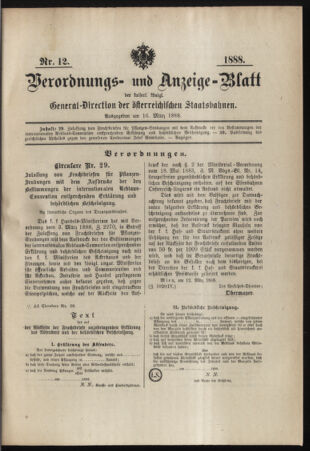 Verordnungs- und Anzeige-Blatt der k.k. General-Direction der österr. Staatsbahnen 18880316 Seite: 1