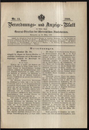 Verordnungs- und Anzeige-Blatt der k.k. General-Direction der österr. Staatsbahnen 18880322 Seite: 1