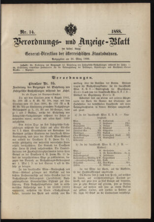 Verordnungs- und Anzeige-Blatt der k.k. General-Direction der österr. Staatsbahnen 18880326 Seite: 1