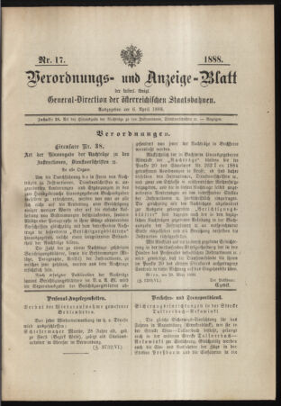 Verordnungs- und Anzeige-Blatt der k.k. General-Direction der österr. Staatsbahnen 18880406 Seite: 1