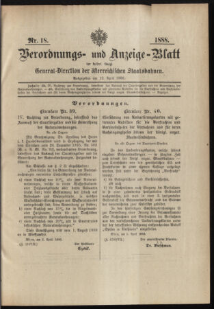 Verordnungs- und Anzeige-Blatt der k.k. General-Direction der österr. Staatsbahnen 18880412 Seite: 1