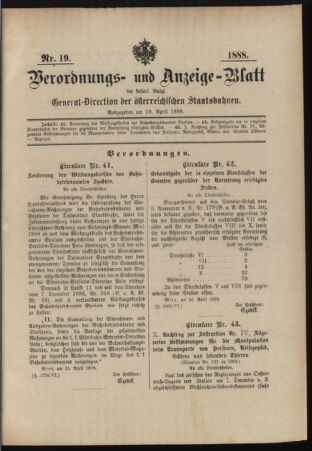 Verordnungs- und Anzeige-Blatt der k.k. General-Direction der österr. Staatsbahnen 18880419 Seite: 1