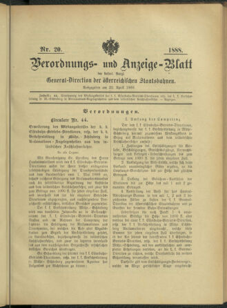 Verordnungs- und Anzeige-Blatt der k.k. General-Direction der österr. Staatsbahnen 18880422 Seite: 1