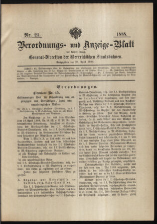 Verordnungs- und Anzeige-Blatt der k.k. General-Direction der österr. Staatsbahnen 18880428 Seite: 1