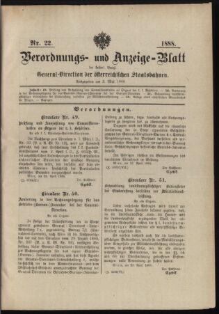 Verordnungs- und Anzeige-Blatt der k.k. General-Direction der österr. Staatsbahnen 18880503 Seite: 1