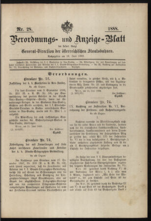 Verordnungs- und Anzeige-Blatt der k.k. General-Direction der österr. Staatsbahnen 18880618 Seite: 1