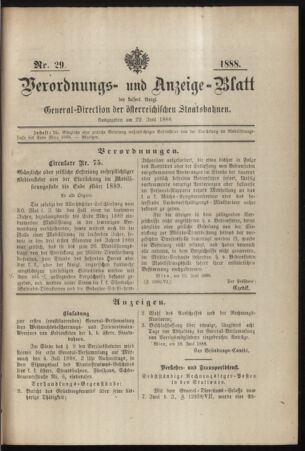 Verordnungs- und Anzeige-Blatt der k.k. General-Direction der österr. Staatsbahnen 18880622 Seite: 1