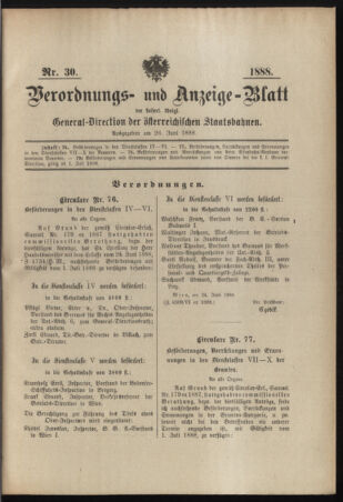 Verordnungs- und Anzeige-Blatt der k.k. General-Direction der österr. Staatsbahnen 18880626 Seite: 1