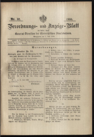 Verordnungs- und Anzeige-Blatt der k.k. General-Direction der österr. Staatsbahnen 18880701 Seite: 1