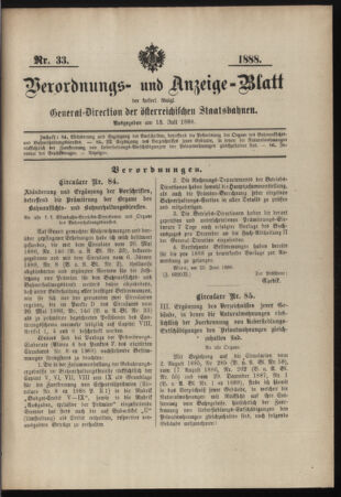 Verordnungs- und Anzeige-Blatt der k.k. General-Direction der österr. Staatsbahnen 18880713 Seite: 1