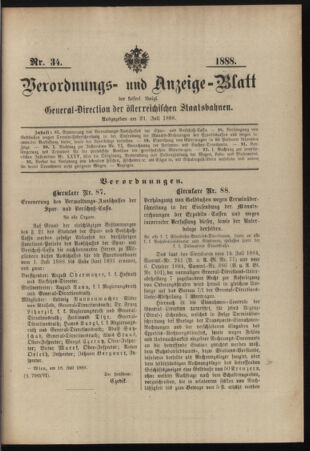 Verordnungs- und Anzeige-Blatt der k.k. General-Direction der österr. Staatsbahnen 18880721 Seite: 1