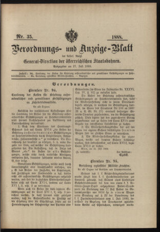 Verordnungs- und Anzeige-Blatt der k.k. General-Direction der österr. Staatsbahnen 18880727 Seite: 1