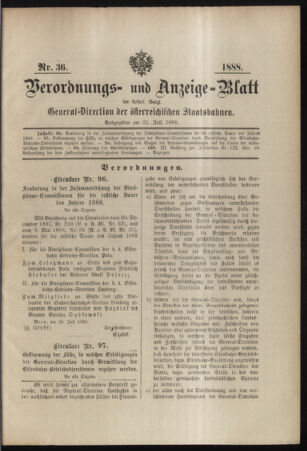 Verordnungs- und Anzeige-Blatt der k.k. General-Direction der österr. Staatsbahnen 18880731 Seite: 1