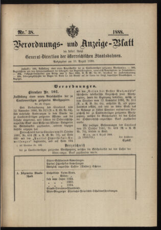 Verordnungs- und Anzeige-Blatt der k.k. General-Direction der österr. Staatsbahnen 18880810 Seite: 1