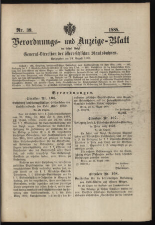 Verordnungs- und Anzeige-Blatt der k.k. General-Direction der österr. Staatsbahnen 18880824 Seite: 1