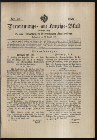 Verordnungs- und Anzeige-Blatt der k.k. General-Direction der österr. Staatsbahnen 18880831 Seite: 1