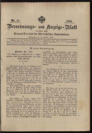 Verordnungs- und Anzeige-Blatt der k.k. General-Direction der österr. Staatsbahnen 18881012 Seite: 1