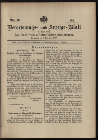 Verordnungs- und Anzeige-Blatt der k.k. General-Direction der österr. Staatsbahnen 18881103 Seite: 1