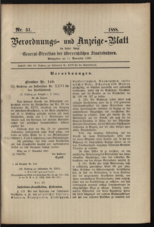 Verordnungs- und Anzeige-Blatt der k.k. General-Direction der österr. Staatsbahnen 18881111 Seite: 1