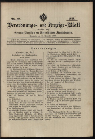 Verordnungs- und Anzeige-Blatt der k.k. General-Direction der österr. Staatsbahnen 18881113 Seite: 1