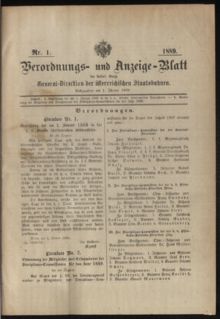 Verordnungs- und Anzeige-Blatt der k.k. General-Direction der österr. Staatsbahnen 18890101 Seite: 1