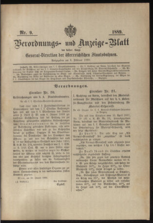 Verordnungs- und Anzeige-Blatt der k.k. General-Direction der österr. Staatsbahnen 18890206 Seite: 1