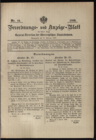 Verordnungs- und Anzeige-Blatt der k.k. General-Direction der österr. Staatsbahnen 18890215 Seite: 1